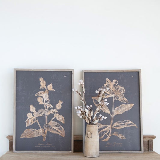 Wood Wall Decor with Botanical Print, Charcoal Color, 2 Styles