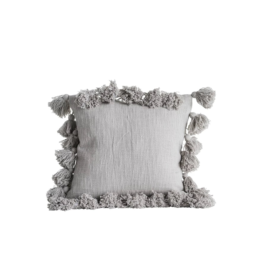 Cotton Slub Pillow with Tassels | Gray