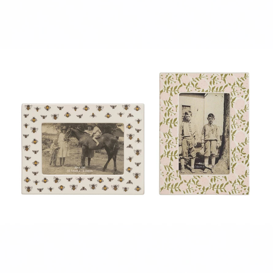 Stoneware Photo Frame with Bee/Floral Pattern, 2 Styles