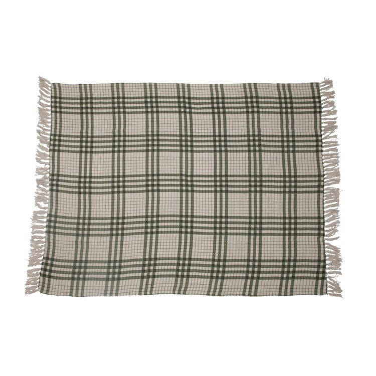 Woven Recycled Cotton Blend Printed Plaid Throw with Fringe, Green & Natural