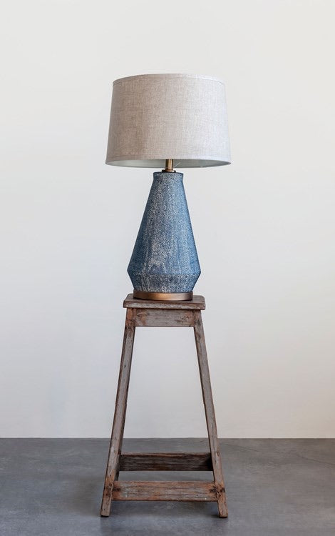 Ceramic Table Lamp w/ Natural Linen Shade, Blue Textured Glaze