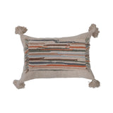 Woven Cotton Slub Lumbar Pillow with Applique, Tassels, and Fringe