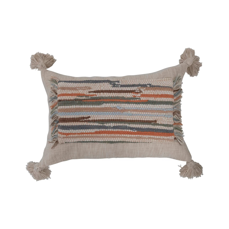 Woven Cotton Slub Lumbar Pillow with Applique, Tassels, and Fringe