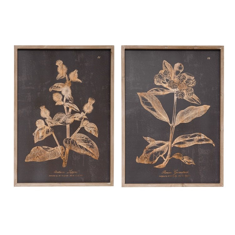 Wood Wall Decor with Botanical Print, Charcoal Color, 2 Styles