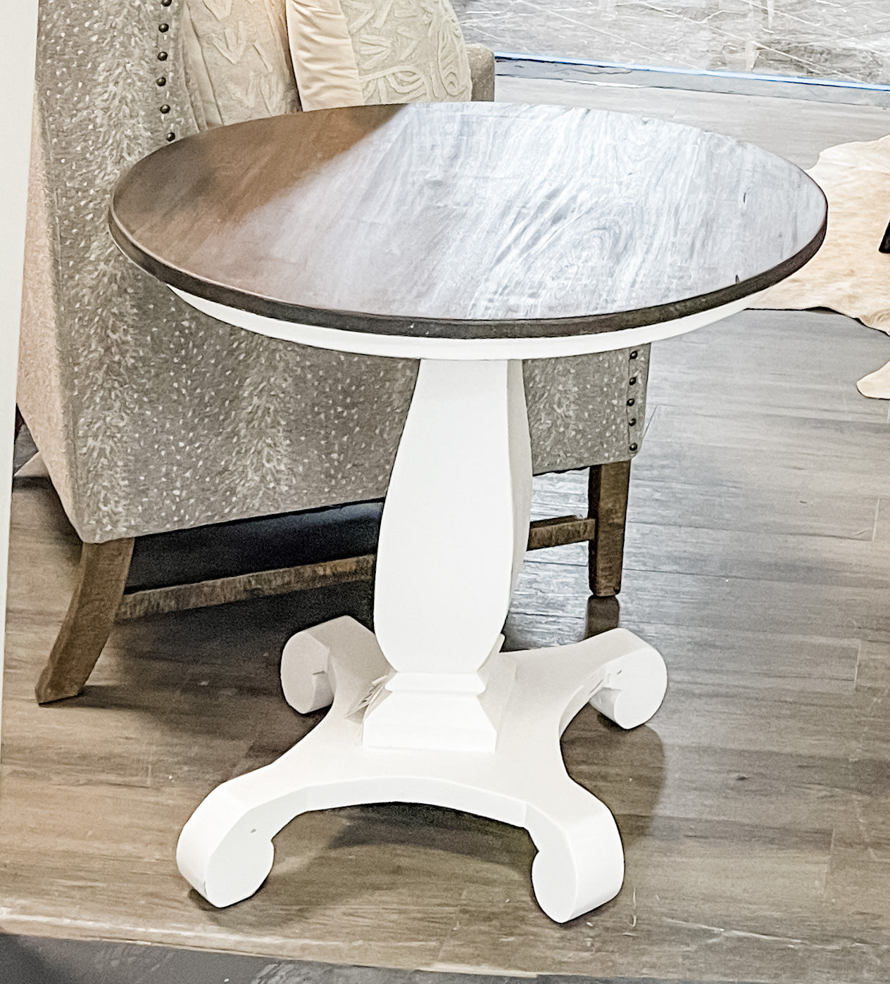 Parish Round Footed End Table | White Distressed