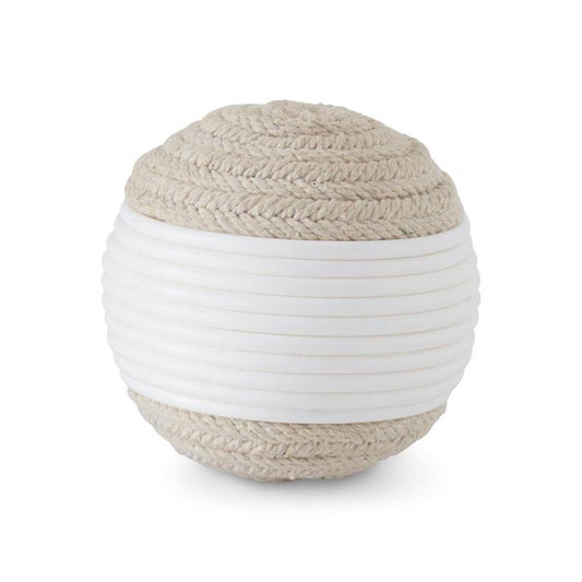 4" White Ribbed Ball w/Braided Rope Top & Bottom