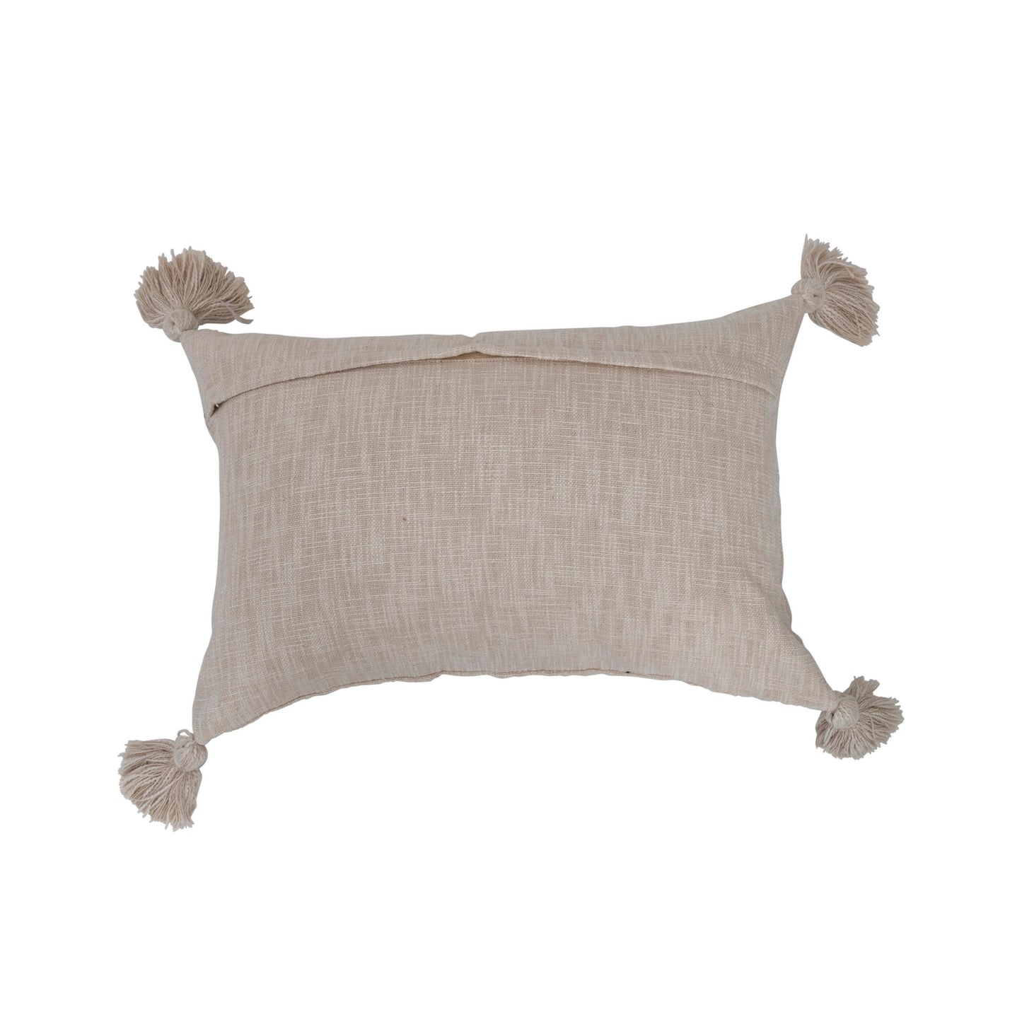 Woven Cotton Slub Lumbar Pillow with Applique, Tassels, and Fringe