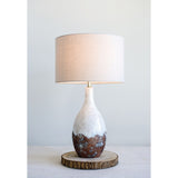 Ceramic Table Lamp with Linen Shade | White Reactive Glaze