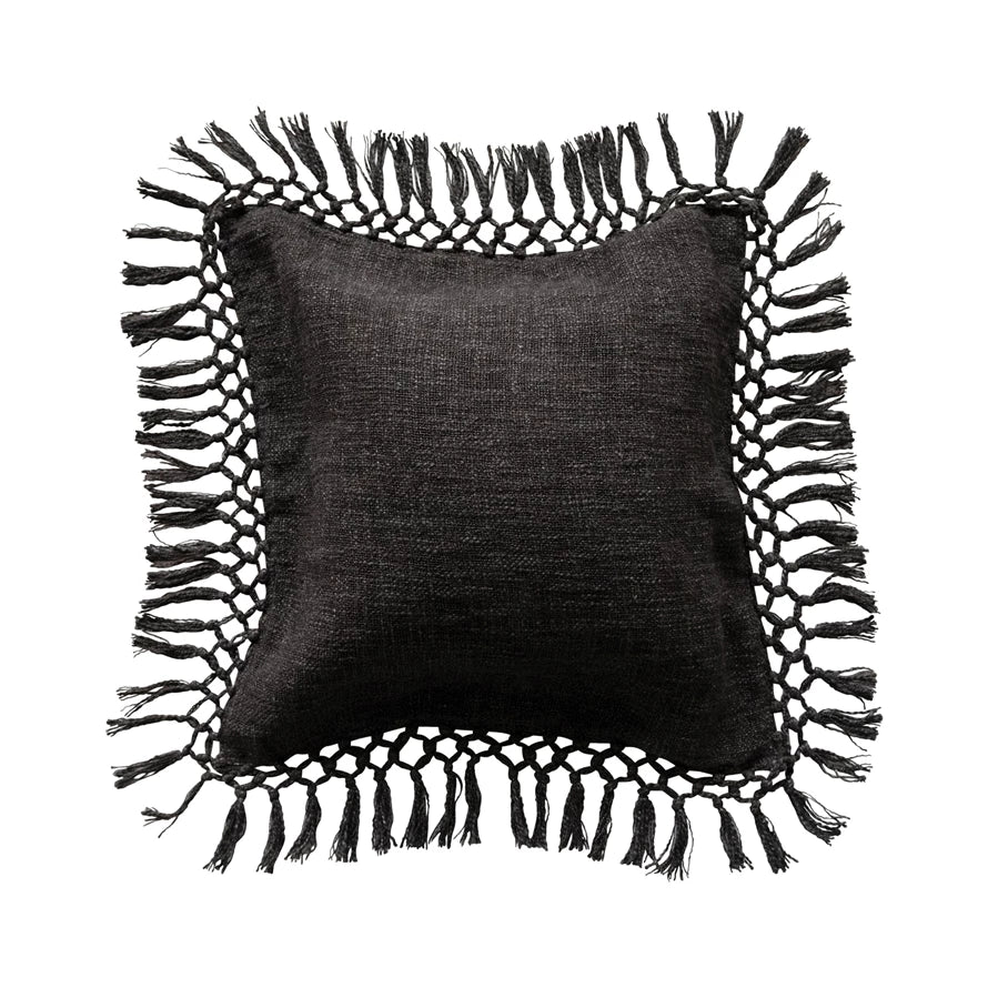 Cotton Slub Pillow with Crochet and Fringe | Charcoal