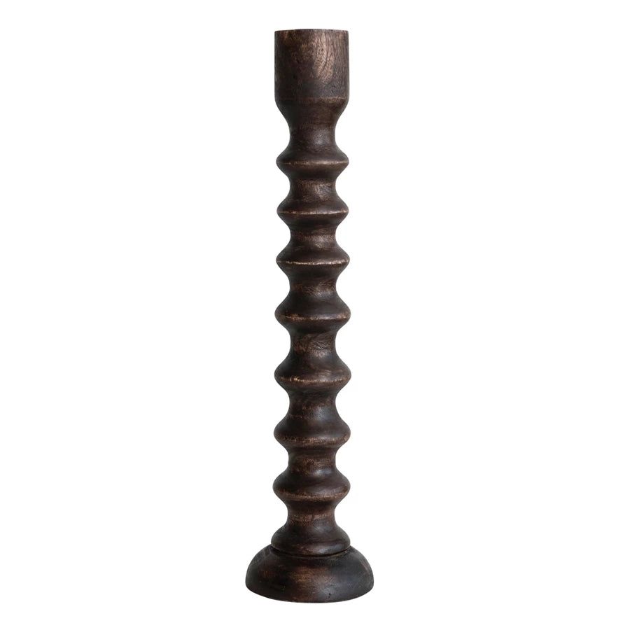 Hand-Carved Mango Wood Taper Holder, Walnut Finish