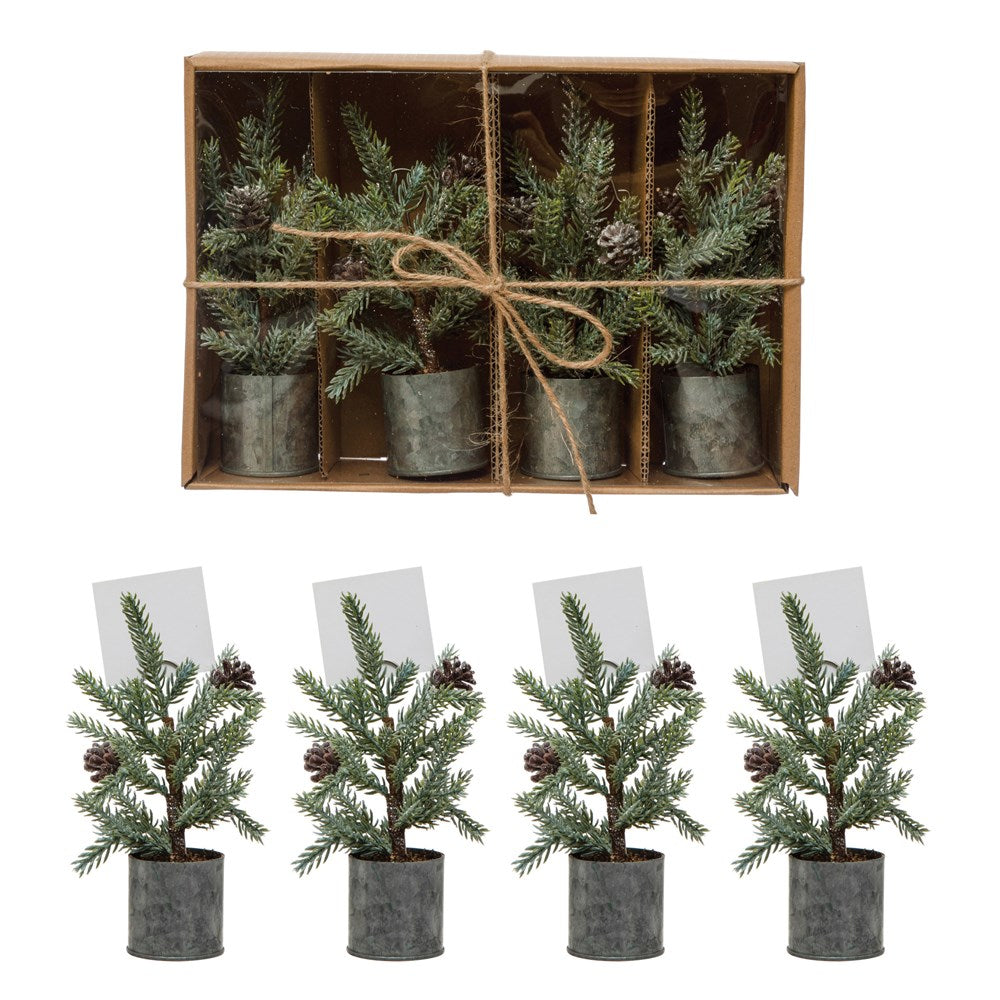 Faux Pine Tree Place Card Holders w/ Pinecones in Galvanized Metal Pot