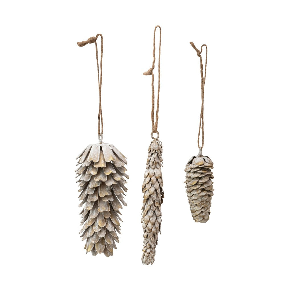Metal Pinecone Ornament Antique White | Set of 3