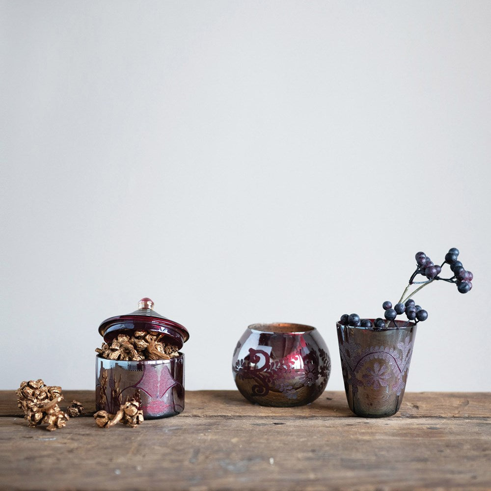 Etched Mercury Glass Votive Holder | Antique Burgundy Finish